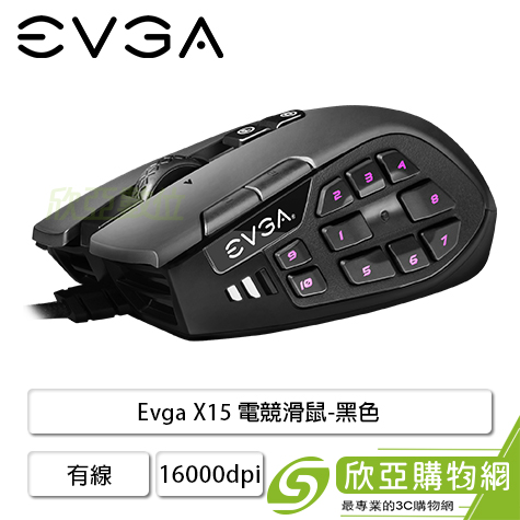 Evga X15 電競滑鼠/有線/16000Dpi/12個物理按鈕的多用途MMO面板/7000萬次點擊/黑色/3年保固